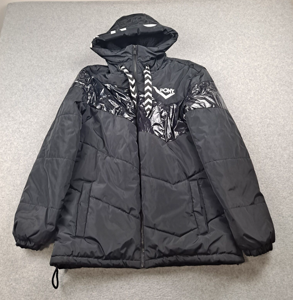 Pony New York City Wing Puffer Coat Men Small Black Bubble Jacket Streetwear Y2K